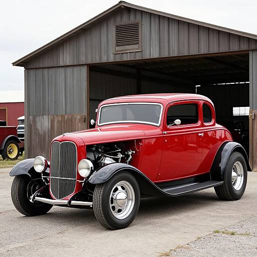 Photograph of a vibrant red, vintage 1930s sedan with black fenders and chrome details, parked in front of a rustic, weathered