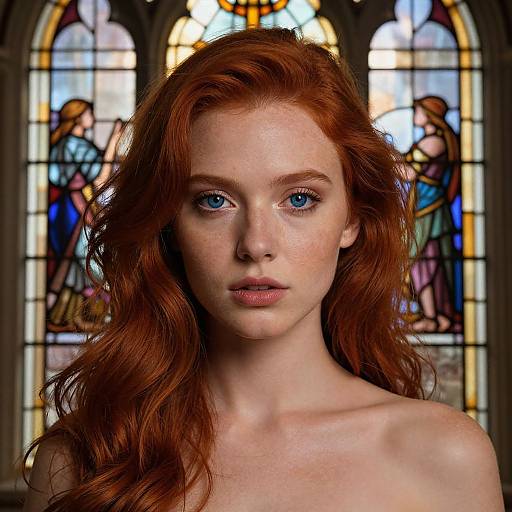 Red-Haired Woman by Stained Glass