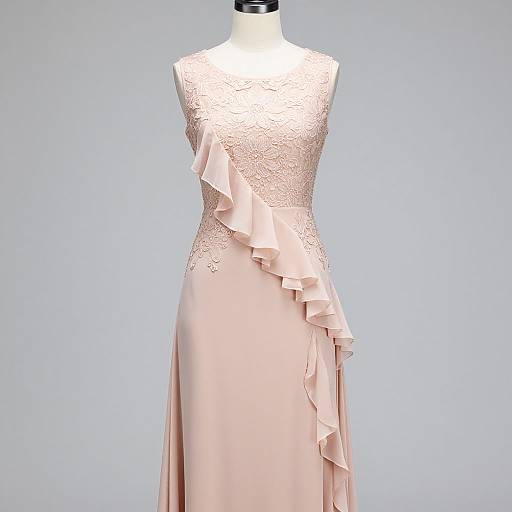 Photograph of a sleeveless, pastel pink gown with lace bodice, ruffled asymmetrical skirt, and mannequin against a plain light