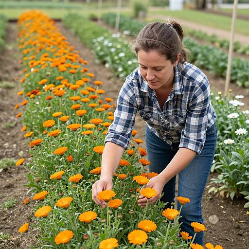 Woman Farmer Harvesting Vibrant Calendula