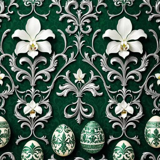 Emerald Green Baroque Wallpaper with Orchids and Easter Eggs