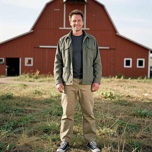 Photograph of a smiling man with short dark hair, wearing a green jacket, black shirt, beige pants, and black sneakers, standing in front of