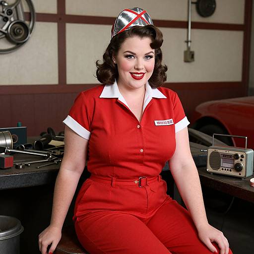 Photograph of a smiling, fair-skinned, curvy woman with dark, wavy hair in a vintage red and white waitress uniform, sitting in