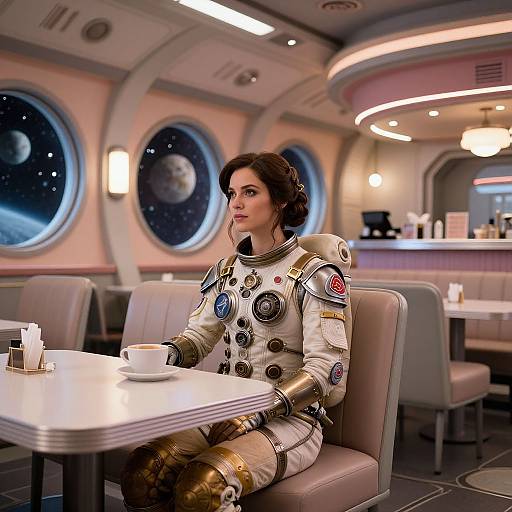 Photorealistic CGI: Astronaut woman with short brown hair, white spacesuit with patches, sits alone at futuristic spaceship café table, starry windows