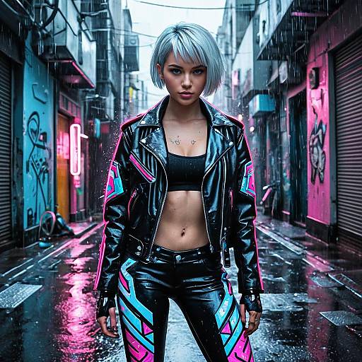 Futuristic Cyberpunk Biker Girl in Neon Alley