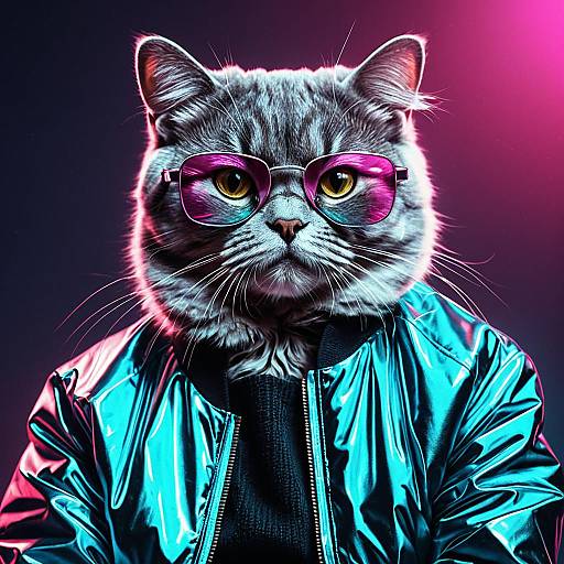 Scottish Fold Cat in Retro Glasses and Metallic Bomber Jacket