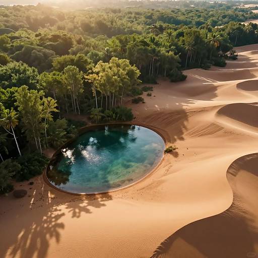 Aerial photograph of a circular, turquoise waterhole surrounded by golden sand dunes and dense green forest, bathed in sunlight.