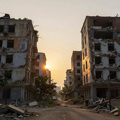 Photograph of a war-torn urban street at sunset, with two dilapidated, rubble-strewn buildings flanking a dirt road, and
