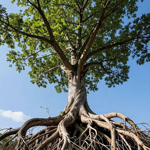 Photograph of a large, leafy tree with extensive, twisted roots against a clear blue sky, taken from a low, upward angle.