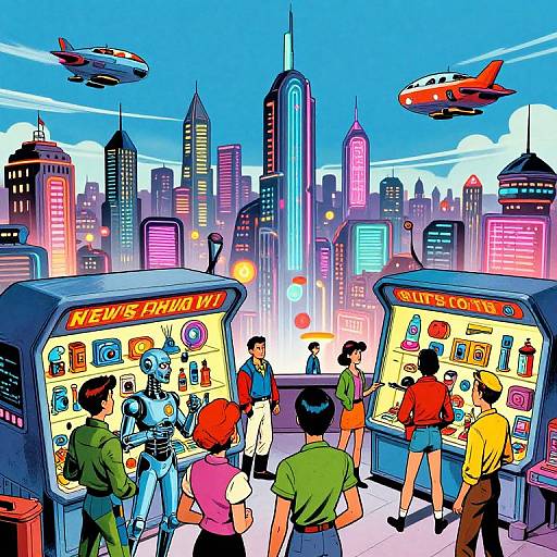 Vibrant comic-style drawing of a retro arcade with neon-lit skyscrapers and flying jets in the futuristic city skyline. Players play 