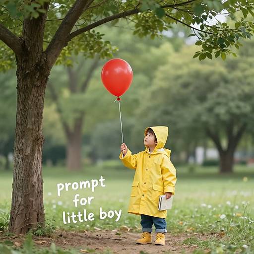 Photograph of a young boy in a yellow raincoat holding a red balloon, standing by a tree in a green park. Text reads 