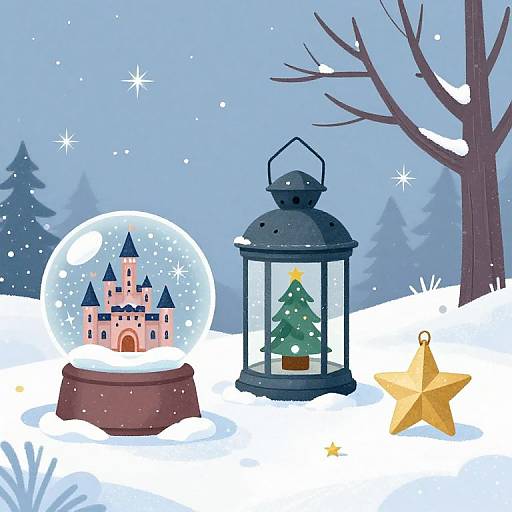 Digital illustration of a snowy night scene with a snow globe featuring a pink castle, black lantern with green tree, and yellow star ornament, surrounded by snow