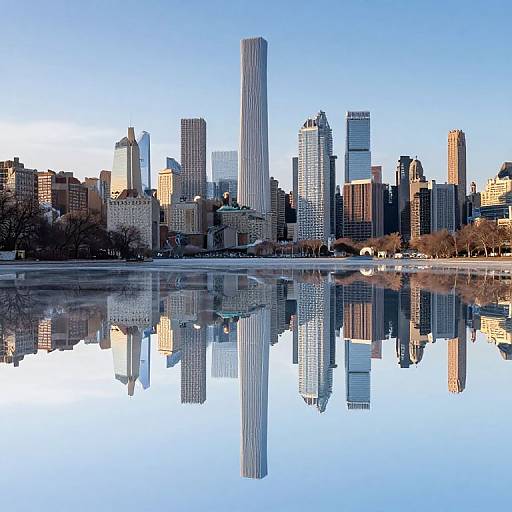 Photograph of a city skyline reflected in a calm, mirror-like body of water, featuring tall buildings under a clear blue sky.