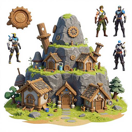 Digital art of a whimsical, multi-tiered wooden cottage on a rocky hill, surrounded by grass and flowers, with five armored, blue-masked