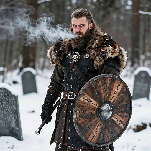 Fierce Viking Warrior in Snowy Forest