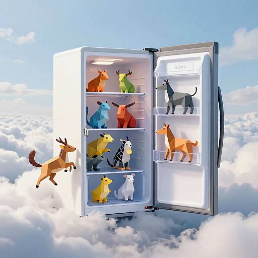 Photograph-style digital illustration of a glowing, open refrigerator with colorful, geometric, animal-shaped toys inside, floating above fluffy clouds.