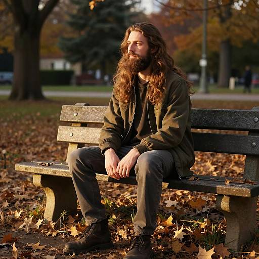 Man with Long Beard Sitting on Park Bench in Autumn