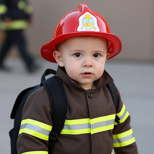 Photograph of a young Caucasian boy with fair skin, wearing a red firefighter helmet and brown fire-resistant jacket with yellow stripes, standing outdoors with a blurred