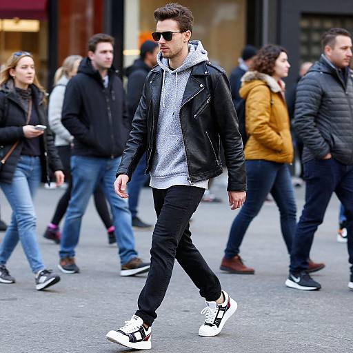 Photograph of a young man with short brown hair, wearing sunglasses, black leather jacket, gray hoodie, black pants, and white Adidas sneakers, walking
