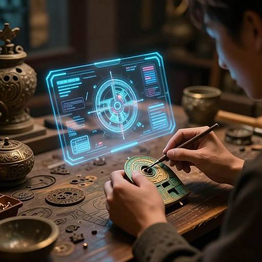 Photograph: Hands assemble a golden circuit board with a glowing, holographic interface displaying technical data, set against a dimly lit, ornate table