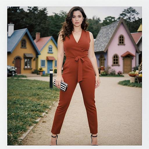 Photograph of a confident woman with long brown hair, wearing a rust-red sleeveless jumpsuit and black heels, standing on a gravel path in front