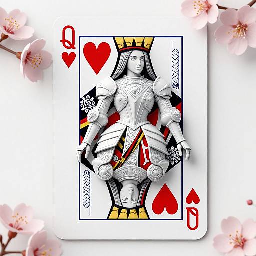 Digital illustration of a Queen of Hearts playing card featuring a medieval armored woman with a crown, surrounded by cherry blossoms. Red hearts and diamonds frame the