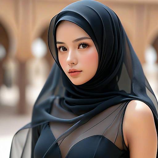 Photorealistic digital portrait of a beautiful young woman with fair skin, wearing a black hijab and sheer black top, looking forward with soft expression,