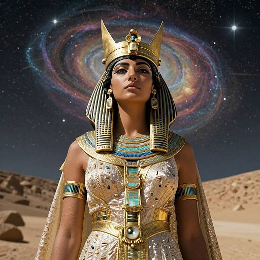 Photograph-like CGI of an Egyptian queen with dark skin, striped headdress, golden crown, ornate white dress, and colorful jewelry, standing against