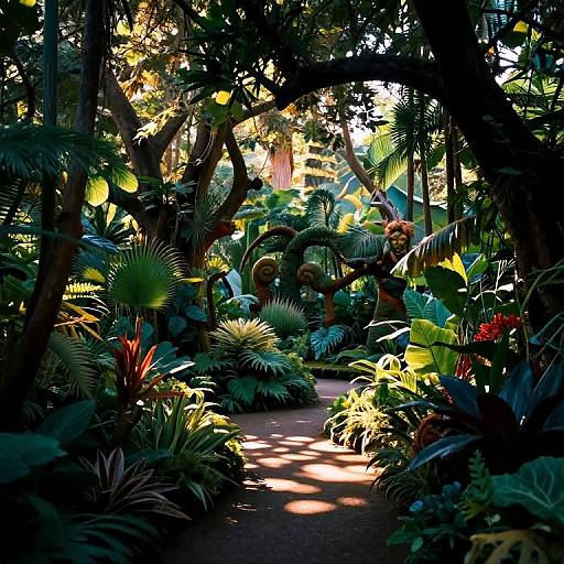 Photograph of a lush, sunlit tropical garden path, surrounded by diverse, vibrant foliage with large leaves, palm fronds, and dappled