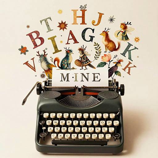 Photograph of a black vintage typewriter with colorful bird illustrations and letters 