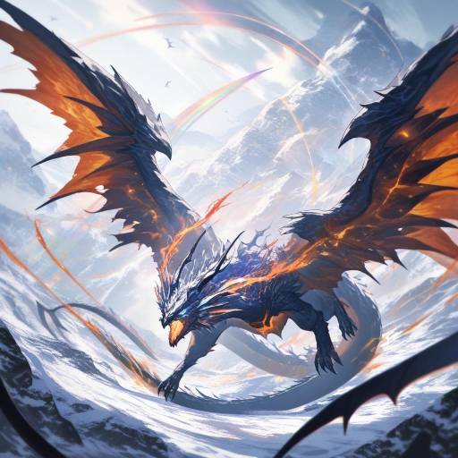 Majestic Amber-Eyed Dragon Soaring Above Snow