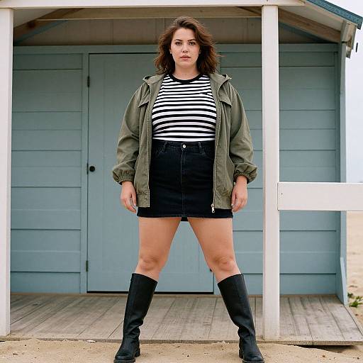 Photograph of a confident woman with wavy brown hair, wearing a green jacket, black-and-white striped shirt, black shorts, and black knee-high