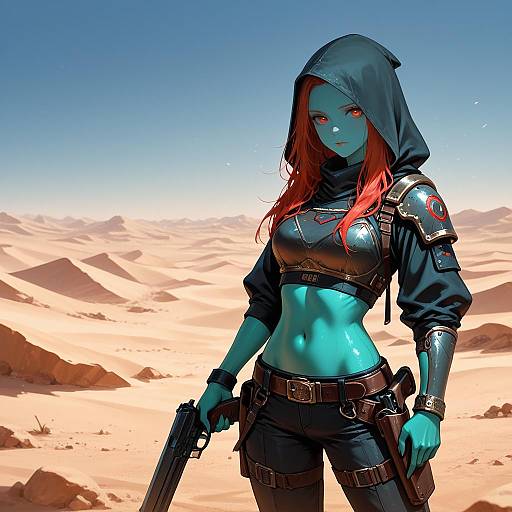 Futuristic Alien Woman with Gun in Desert