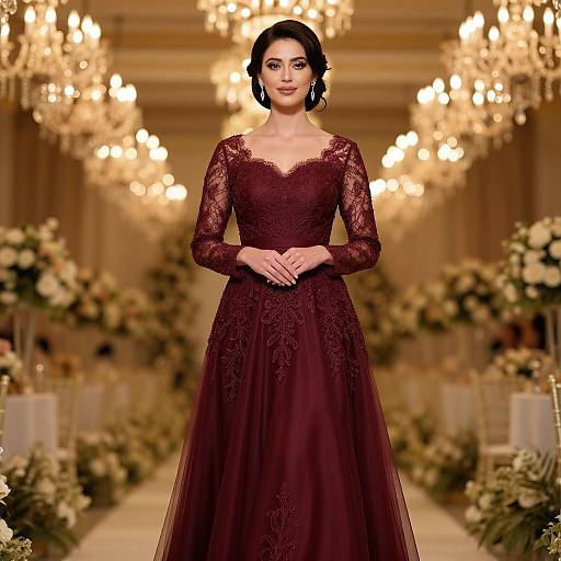 Photograph of a beautiful woman in a deep burgundy lace gown, standing in an elegant, chandelier-lit wedding reception hall.