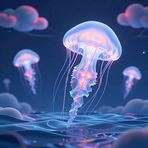 Digital art of glowing blue jellyfish with translucent, flowing tentacles, floating in a dark, starry ocean with pink and white clouds.