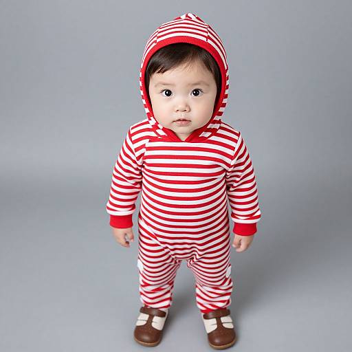 Photograph of a baby with fair skin, black hair, wearing a red and white striped onesie and hood, brown shoes, against a light blue