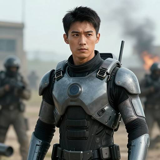 Photorealistic CGI of an Asian male soldier in futuristic, silver armored suit with black tactical gear, serious expression, blurred battlefield background.