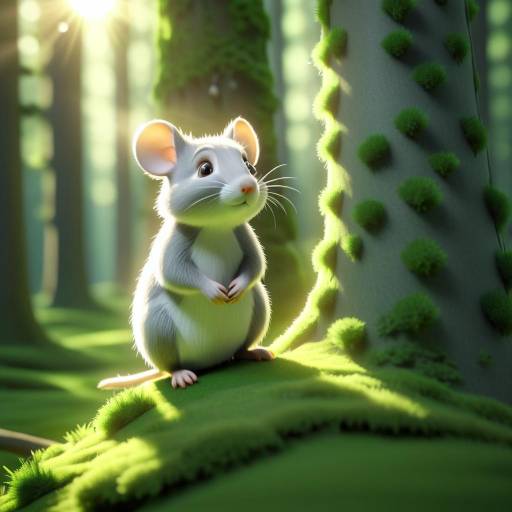 3D Animated Cute Grey Mouse on Mossy Tree