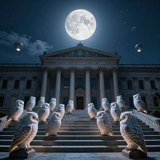 Photograph of a full moon illuminating a neoclassical building, with twelve glowing white owls sitting in a line on the steps, surrounded