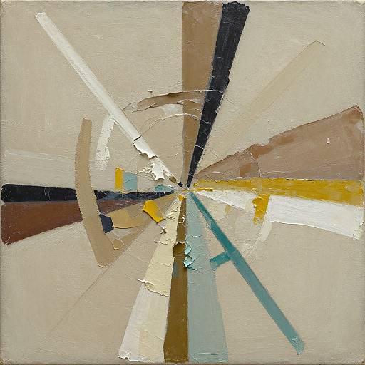 Abstract painting with textured, cracked canvas featuring intersecting white, black, brown, yellow, and blue geometric lines and shapes. Bright, minimalistic colors