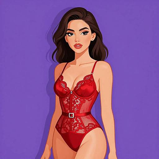 Confident Woman in Red Lace Bodysuit