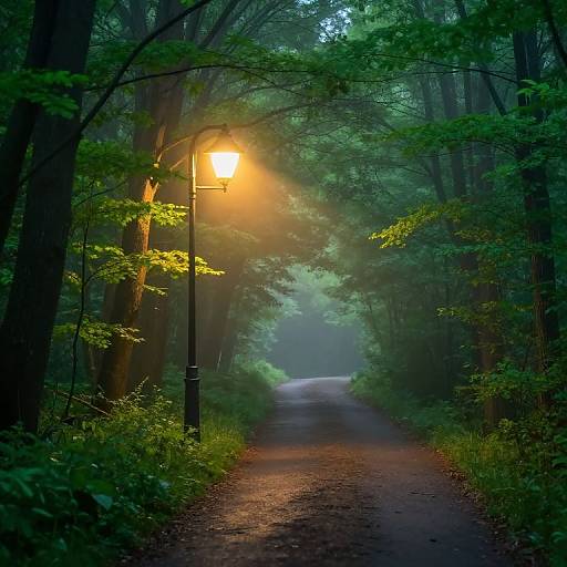 Misty Forest Path with Vintage Streetlamp