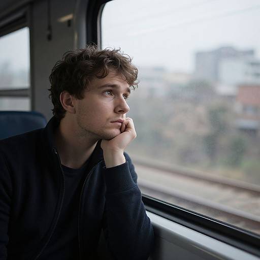 Photograph of a young man with curly brown hair, wearing a black jacket, seated in a train, gazing out the window thoughtfully. Bl