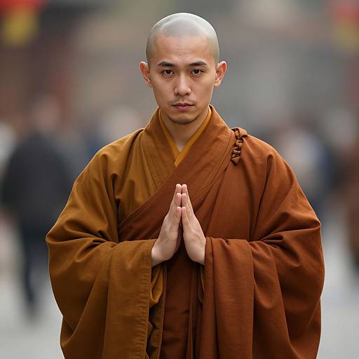 Photograph of a young, bald male Buddhist monk with fair skin, wearing an orange robe, hands in prayer, blurred background.