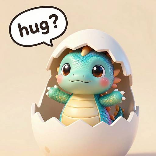Cute CGI dragon hatchling with blue scales, orange spines, and big brown eyes, emerging from a cracked egg with a speech bubble saying 