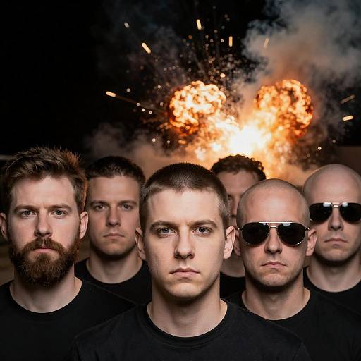 Intense Men Amidst Explosive Contrast