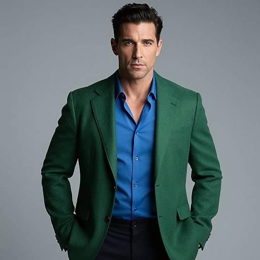 Photograph of a handsome, dark-haired man in a green blazer over a bright blue shirt, standing against a gray background.