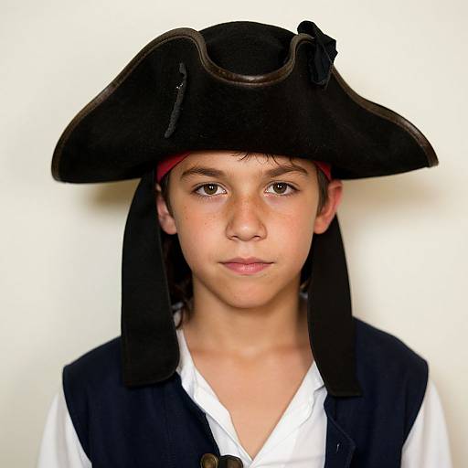 Photograph of a young boy with light olive skin, brown eyes, and straight dark hair, wearing a black pirate hat and vest over a white shirt