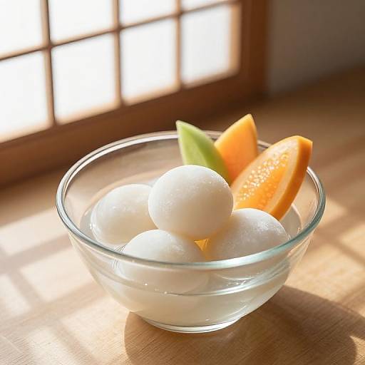 Photograph of a glass bowl with three white eggs, orange and green citrus slices, on a sunlit wooden table near a window.