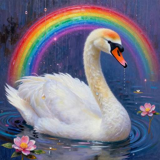 Digital painting of a white swan with orange beak and black markings, floating in dark water under a vibrant rainbow, surrounded by pink lotus flowers